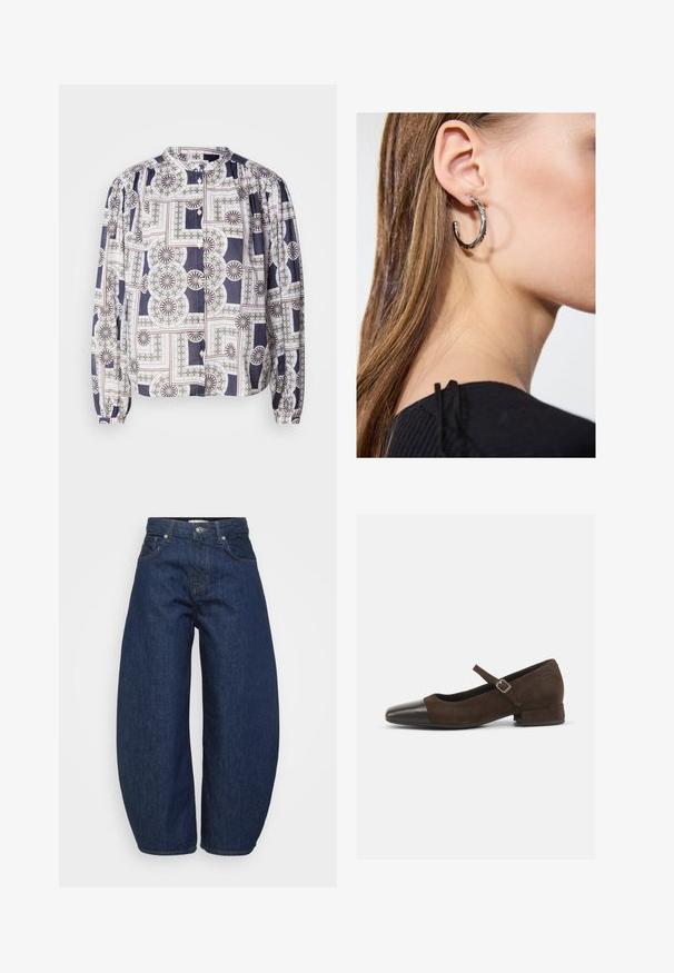 Rakstainā blūze ar apaļu dekoltē, garām puff piedurknēm, pogu aizdare, kurā ir ģeometriski zīmējumi jūras zilā, baltā un zaļā krāsā.; Tumši zili džinsa džinsi ar plašu, vaļīgu pieguļošanu. Ir rāvējslēdzēja aizdare, četri kabatas un kontrastējošas šuves gar šuvēm.; Brūni zamšādas Mary Jane apavi ar melnu lakotu purngalu, regulējamu siksniņu un zemu blokveida papēdi. Gluda tekstūra ar minimāliem akcentiem.; Sudraba auskars ar pulētu apdari, ar maziem zelta akcentiem un apaļu formu, uz ausu ļipiņas.