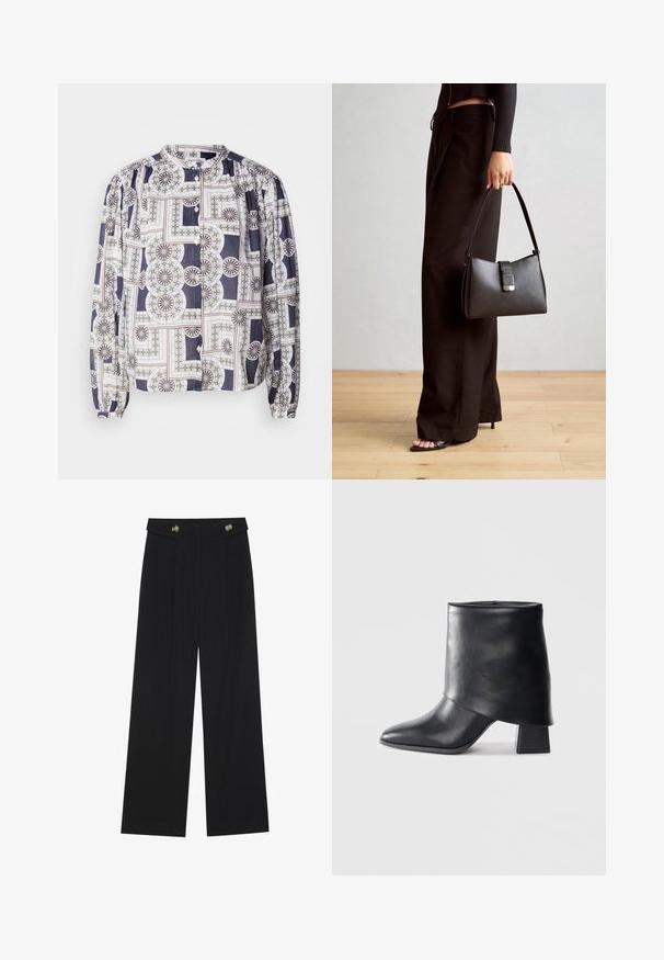 Blúzka s vzorom a okrúhlym výstrihom, dlhými púfujúcimi rukávmi, zapínaním na gombíky, s geometrickými vzormi v námorníckej, bielej a zelenej farbe.; Čierne široké nohavice s vysokým pásom, so zapínaním na gombíky na páse a prednými sklady.; Čierna kožená členková obuv s špicatou špičkou, hladkou textúrou a štruktúrovaným blokovým podpätkom. Obsahuje vysoký, prehnutý dizajn.; Čierna kabelka so štruktúrovaným tvarom, hladkou textúrou a kovovou sponou. V kombinácii so širokými čiernymi nohavicami a sandálmi s otvorenou špičkou na drevenej podlahe.