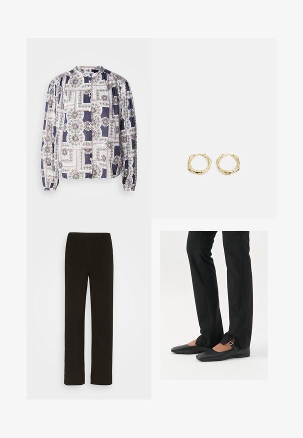 Mustriline pluus ümmarguse kaelusega, pikkade puffvarrukatega, nööbistamisega, sarnaneb geomeetriliste disainidega tumesinises, valges ja rohelises värvis.; Mustad, sirged jalad, mis on valmistatud kootud kangast, millel on lame esiosa, kaks külgtaskut ja sile tekstuur. Ilma nähtavate mustrite või aktsentideta.; Mustadast mustast nahast balletkingad terava ninaga, millel on rihm hõbedase klambriga, kokku sobitatud mustade ülikondpükstega, millel on lõhiku serv.; Kuldsete rõngaskõrvarõngaste tekstuuriga, ebakorrapärane kuju. Omab sujuvat lukustust ja poleeritud pinnatöötlust, rõhutades kaasaegset disaini.