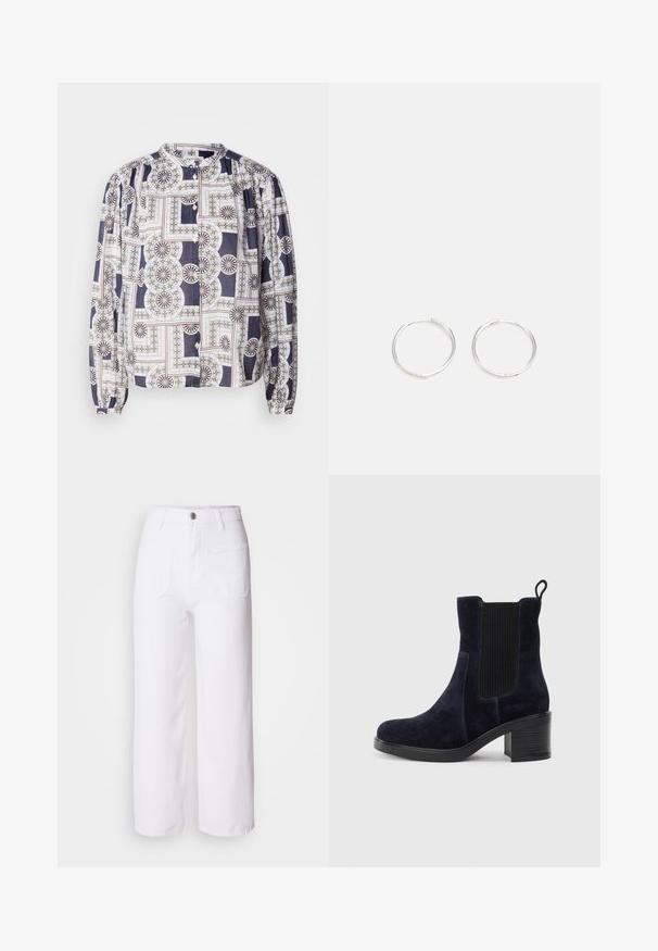 Bluză cu model, cu guler rotund, mâneci lungi puff, închidere cu nasturi, având un design geometric în culorile bleumarin, alb și verde.; Pantaloni largi din denim alb cu închidere prin buton, curea pentru centură, două buzunare frontale și un singur buzunar la spate. Țesătură durabilă și texturată.; Botine din suede de culoare bleumarin, cu panou elastic pe lateral, vârf rotunjit și toc pătrat. Materialul texturat și talpa netedă oferă un contrast.; Cercei din argint cu un design elegant și rotund, având o suprafață netedă și fără embellismente vizibile. Diametrul nu este specificat.