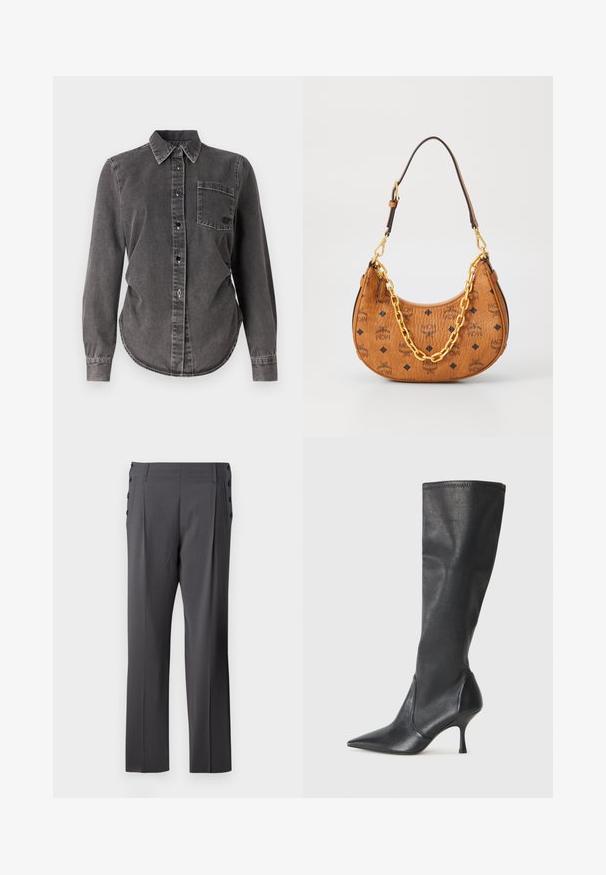Dark gray denim shirt with long sleeves, button closure, pointed collar, single chest pocket, and rounded hem. Textured surface with visible stitching.; Gray tailored pants featuring a straight leg design, front pleats, and decorative side buttons for added detail. Smooth fabric texture.; Knee-high black leather boots with a pointed toe and a slim stiletto heel. Smooth texture with a fitted design and stitching at the top edge.; Brown leather crescent-shaped handbag with black MCM logos, gold chain detail, and adjustable shoulder strap on white background.