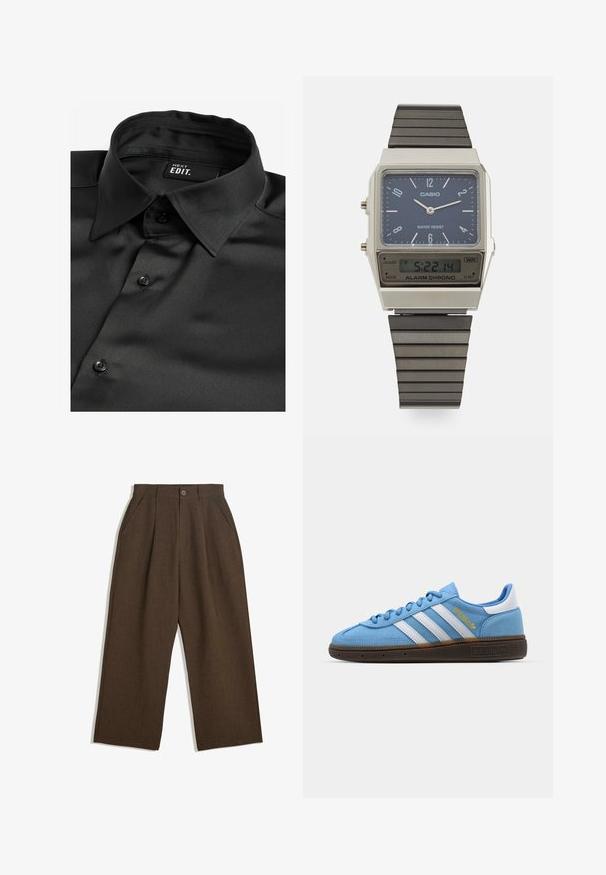 Next EDIT LONG SLEEVE- REGULAR FIT - Srajca - black; Svetlo rjave plisirane hlače širokega kroja, z gumbom za zapiranje in stranskimi žepi, izdelane iz teksturirane tkanine, primerne za vsakodnevno nošenje.; Svetlo modri semiš športni čevlji z belimi usnjenimi črtami, rjavo teksturirano podplatom in zlatim logotipom. Nizki dizajn z zaobljenim konicami.; Casio digitalna ura z modrim številčnikom, srebrnim ohišjem in večplastnim črnim gumijastim trakom. Prikazuje čas in nastavitve alarma. Vodoodporna.