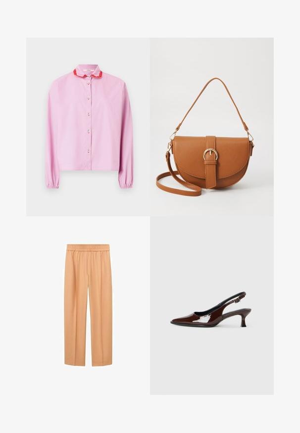 Ružičasta dugoročna majica s okruglim crvenim ovratnikom, prednjim zatvaranjem na kopče i elastičnim manšetama. Glatki materijal bez uzoraka ili detalja.; Hlače širokih nogavica breskvaste boje, izrađene od mekog materijala, s elastičnim pojasom i ravnim krojem, pružaju opuštenu prilagodbu.; Smeđe patentne kožne cipele s otvorenom petom, špicastim vrhom i umjerenom petom. Imaju remen s kopčom za sigurno pristajanje. Glatka tekstura.; Smeđa kožna torba preko tijela s zakrivljenim oblikom, zlatnim metalnim detaljima i naglaskom na kopču. Ima odvojivu naramenicu.