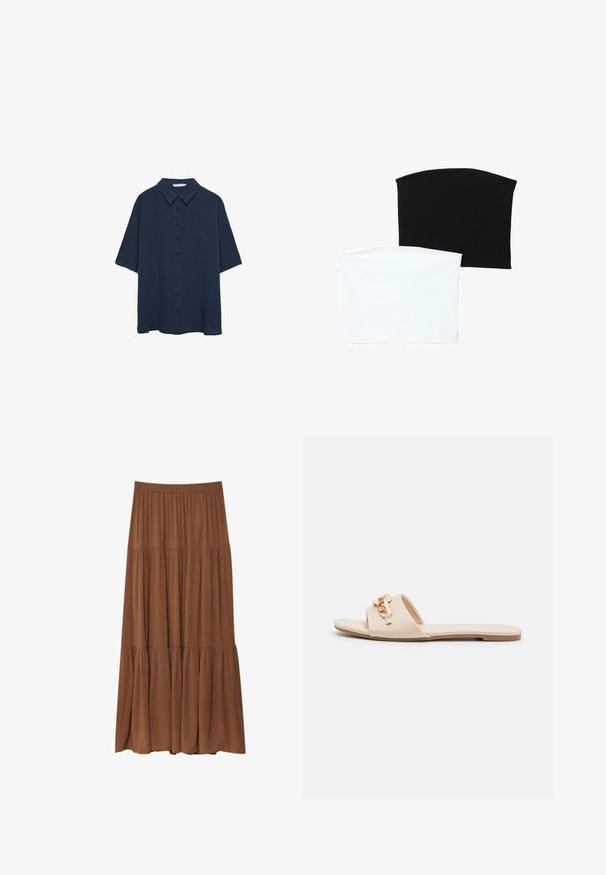 Navyblå kortärmad skjorta i strukturerad tyg, med spetsig krage och framknäppning med fem knappar.; Två sömlösa tubhalsdukar: en svart och en vit. Båda är gjorda av mjukt, elastiskt material och har en slät yta utan mönster.; Lång, lager-på-lager kjol i en rik brun färg, tillverkad av lättviktig tyg. Har ett elastiskt midjeband och en svävande design för enkel rörelse.; Beige halklackor med öppen tå, platt sula och dekorativa metallkedjeaccenar på remmen. Slät material med minimal textur.