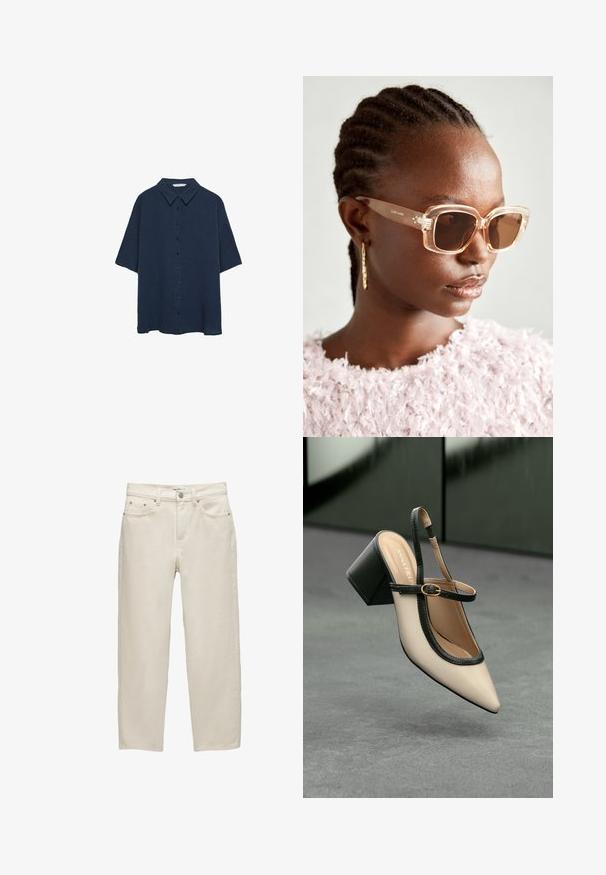 Námořnická modrá košile s krátkým rukávem vyrobená z texturované látky, s špičatým límečkem a předním zapínáním na pět knoflíků.; Bílé džínové kalhoty s uvolněným střihem, rovné nohavice, pět kapes a kovové detaily s jemnou texturou.; Beige boty s špičatou špičkou a otevřenou patou, černými detaily, zlatou přezkou a silným blokovým podpatkem, na šedé podlaze s tmavě zeleným pozadím.; Béžové oversized sluneční brýle s transparentním rámem a hnědými skleněnými čočkami, které mají jemné květinové detaily a výrazný, geometrický design.