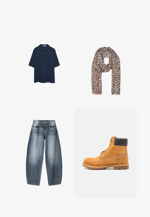 Navy blue short-sleeve shirt made of textured fabric, featuring a pointed collar and front button closure with five buttons.; Wide-leg jeans made of light blue denim with fading, featuring a five-pocket design, button fly, and minimal stitching details.; Brown leather ankle boot with black padding, gold eyelets, and a textured sole. Features a circular logo on the side and stitching accents.; Leopard print scarf in light beige and brown tones, soft fabric, rectangular shape, with subtle frayed edges and textured pattern.