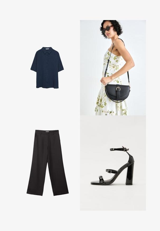 Navyblå kortärmad skjorta i strukturerad tyg, med spetsig krage och framknäppning med fem knappar.; Svarta vida byxor i slät väv, med dragkedja fram och två sidofickor, med skräddarsydd passform och minimalistisk design.; Svarta lackerade klacksandaler med fyrkantig tå, ankelremmar och silverfärgade spännen. Har en kraftig blockklack för stabilitet.; Svart läderhandväska med en böjd form, avtagbar rem och guldiga detaljer. Väskan har ett lock med en spänndetalj.