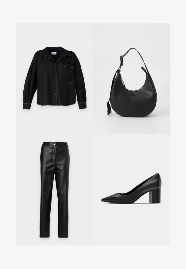 Juoda mygtukinė marškinė su apykakle, ilgomis rankovėmis ir kišene. Balta kontrastinė siūlė palei siūles. Lygus audinio paviršius.; Juodos dirbtinės odos kelnės su krokodilo raštu, siauras kirpimas, tiesaus kirpimo dizainas, su priekiniais sagos uždarymu ir standartine juosmens juosta.; Juodas odinis batelis su smailiu pirštu ir storu kvadratiniu kulnu. Lygus paviršius, paprastas dizainas, tinkantis oficialioms aplinkoms.; Juodas odinis pečių krepšys su išlenktu pavidalu, užtrauktuko uždarymu ir reguliuojama juosta. Priekyje yra įspaustas prekės ženklas.