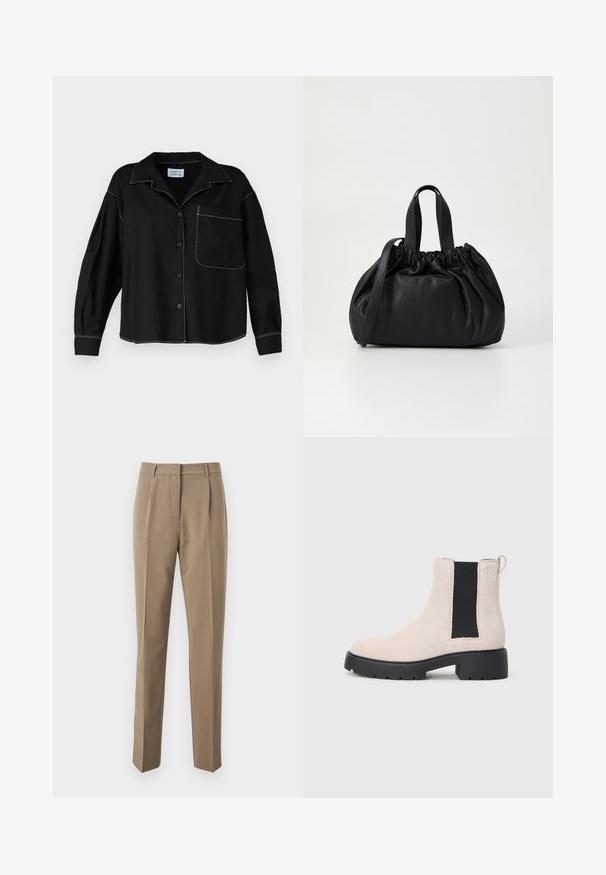 Melna pogu krekla ar apkakli, garām piedurknēm un kabatai. Balti kontrastējoši izšuvumi gar šuvēm. Gluda auduma tekstūra.; Brūni piegrieztie bikses, kas izgatavotas no gludas auduma, ar taisnu kāju dizainu, priekšējiem ielocījumiem un jostasvietu ar jostām.; Bežs zamšs Čelsijas zābaks ar melnu elastīgu sānu paneli, masīvu melnu zoli unvilkšanas cilpu pie potītes.; Melnas ādas rokassomu ar savākta augšdaļa dizainu, kas aprīkota ar divām īsām rokturiem un garu regulējamu siksnu. Gluda tekstūra, noapaļota forma.