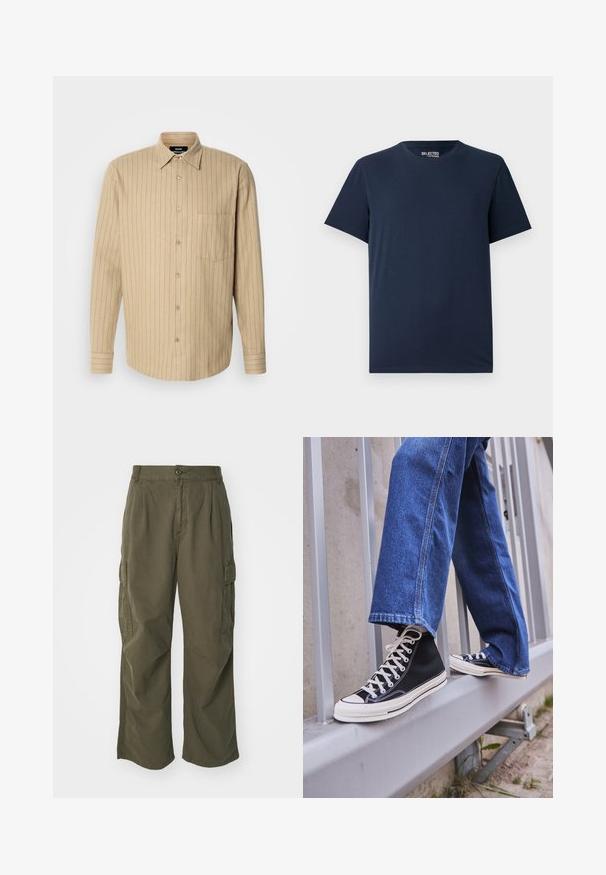 Camisa beige de botones con rayas azules verticales, de manga larga, con un solo bolsillo en el pecho y un cuello clásico. Textura de tela suave.; Camiseta de algodón azul marino con cuello redondo y mangas cortas. Presenta un diseño sencillo sin patrones ni adornos.; Pantalones cargo en verde oliva, fabricados en algodón, con un diseño de pierna ancha, pliegues y bolsillos laterales para mayor utilidad.; Zapatillas de deporte negras de caña alta con suela y cordones blancos, combinadas con unos vaqueros de denim azul holgados, apoyadas en una barandilla gris.