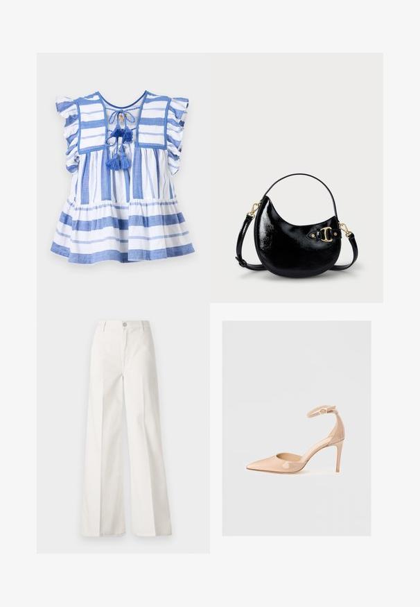 MILLE CHELSEA - Μπλούζα - nantucket; Λευκά παντελόνια σε φαρδιά γραμμή, κατασκευασμένα από βαμβάκι με λεία υφή. Διαθέτουν μπροστινό κουμπί, φερμουάρ και τέσσερις τσέπες.; Γυμνές παρτίσας με δερματίνη, με μυτερή μύτη, λουράκι στον αστράγαλο και τακούνι στιλέτο, με ομαλή υφή και μινιμαλιστικό σχέδιο.; Μαύρη πατενταρισμένη δερμάτινη τσάντα χειρός με καμπυλωτό σχήμα, ρυθμιζόμενο λουρί και χρυσές λεπτομέρειες στην πλευρά. Λείος, γυαλιστερός υφάνισμα.