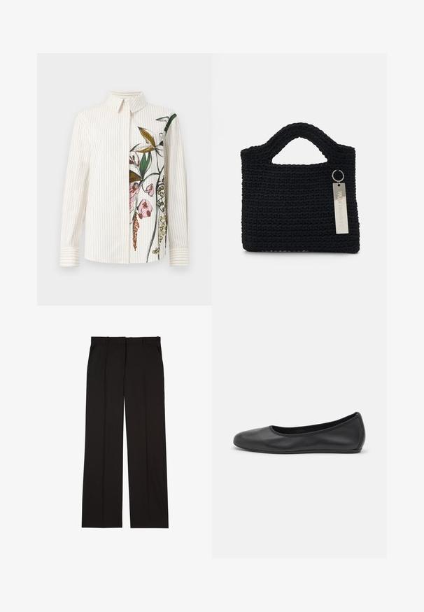 Camisa de botones con rayas verticales, color crema, con un diseño floral en un lado. Mangas largas y cuello clásico. Textura suave.; Pantalones negros ajustados hechos de una tela suave, con un diseño de pierna recta y dos bolsillos laterales. Construcción elegante y minimalista.; Bailarina de piel negra con punta redondeada, textura suave, detalle de costura minimalista y diseño de suela flexible.; Won Hundred MARSIELLE COMPUTER BAG UNISEX - Funda para portátil - black