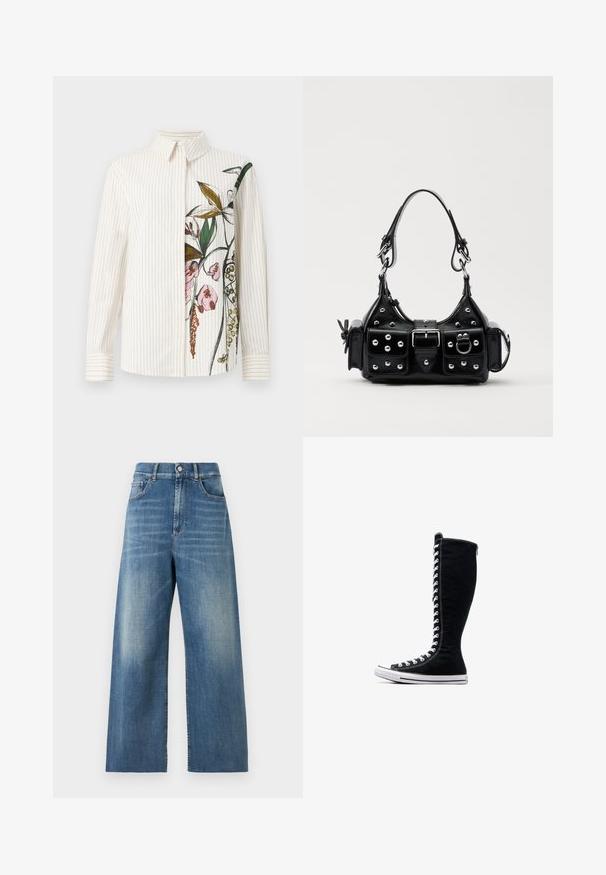 Button-up shirt with vertical stripes, cream color, featuring a floral design on one side. Long sleeves and classic collar. Smooth texture.; High-waisted, wide-leg jeans made of blue denim with a faded finish. Features include front pockets and a single button closure.; Black high-top sneakers with a tall design, made of canvas. Feature white laces, stitching, and a rubber sole with a toe cap.; Black leather handbag with a curved design, featuring silver studs, a buckle, and two side pockets. Adjustable strap for carrying options.