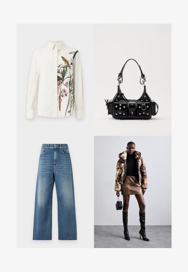 Nööpidega särk vertikaalsete triipudega, kreemitoon, millel on ühel küljel lillemuster. Pikkade varrukatega ja klassikalise kaelusega. Sile tekstuur.; Kõrgelt talje ja laiad sääred teksad, mis on valmistatud sinisest denimist, millel on kulunud viimistlus. Omadusteks on esipocket'id ja üksainus nööpkinnitus.; Põuejope pruuni ja musta mustriga, kokku sobitatud pruuni madu nahast mini-seelikuga, mustade reie kõrguste saapadega ja väikese musta kotiga.; Must värvi nahast käekott, millel on kaarjas disain, hõbedased nupukesed, kinnitusahe ja kaks külgtaskut. Reguleeritav rihm erinevate kandmisvõimaluste jaoks.