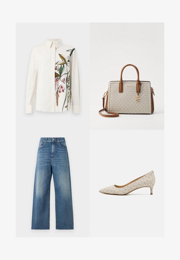 Košeľa na gombíky s vertikálnymi pruhmi, krémovej farby, s kvetinovým dizajnom na jednej strane. Dlhé rukávy a klasický golier. Hladká textúra.; Džíny s vysokým pásom a širokými nohavicami vyrobené z modrej denimovej látky s vyblednutým povrchom. Vlastnosti zahŕňajú predné vrecká a jedno gombíkového zapínania.; Lodičky s špicatou špičkou v béžovej látke s geometrickým vzorom, s nízkym podpätkom a štíhlym siluetou. Hladká textúra a minimálne akcenty.; Bežová kabelka s hnedými koženými akcentmi, s logom na povrchu, hornými uchami, odnímateľným ramenným popruhom a zlatistými kovovými doplnkami.; Zlaté kruhové náušnice s lešteným povrchom, so silným, obdĺžnikovým dizajnom a bezpečným uzatváracím mechanizmom. Hladký povrch a lesklý vzhľad.