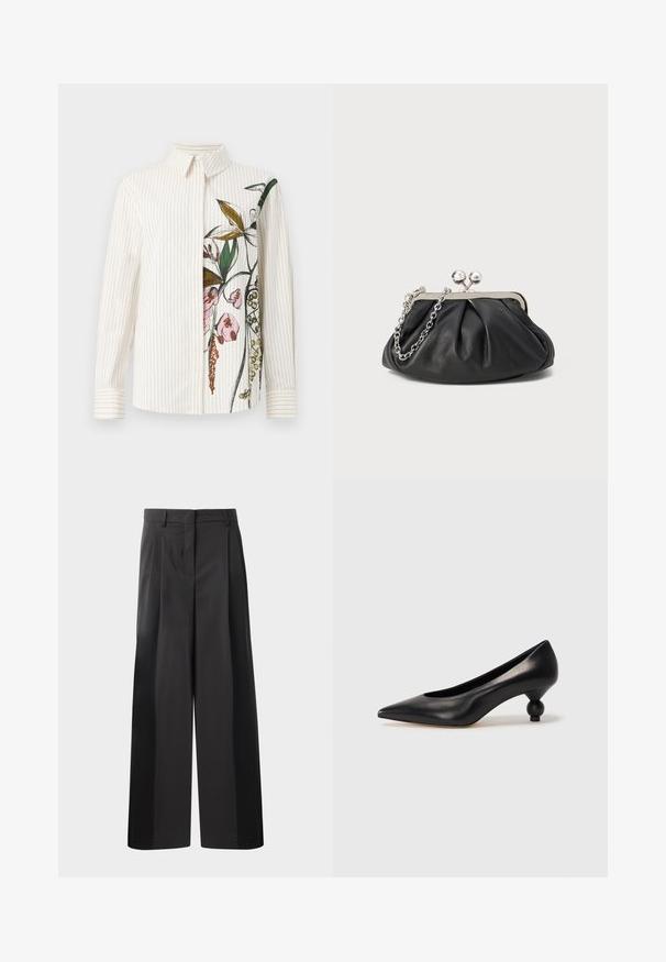 Button-up shirt with vertical stripes, cream color, featuring a floral design on one side. Long sleeves and classic collar. Smooth texture.; Black wide-leg trousers with a high waist, featuring front pleats, a smooth texture, and a tailored finish. Designed for a relaxed fit.; Black leather high heel shoe with a pointed toe and a round, balled heel. Smooth texture with a sleek, minimal design.; Black leather clutch with gathered texture, silver-tone metal frame, kiss-lock closure, and chain strap. Smooth, soft surface.