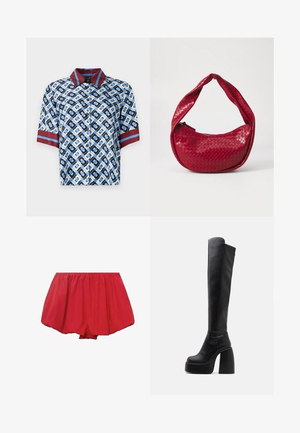Camicia a maniche corte con un motivo geometrico blu, nero e bianco. Colletto e dettagli sulle maniche rossi. Realizzata in tessuto morbido con bottoni.; Shorts leggeri rossi con vita elastica. Presentano un design ampio e svasato con tessuto arricciato per una vestibilità comoda.; Buffalo HEART STRETCH BOOT - Stivali con plateau - black; Borsa a tracolla in pelle intrecciata rossa con manico curvo e imbottito, chiusura a zip e finitura testurizzata, con una lucentezza brillante.