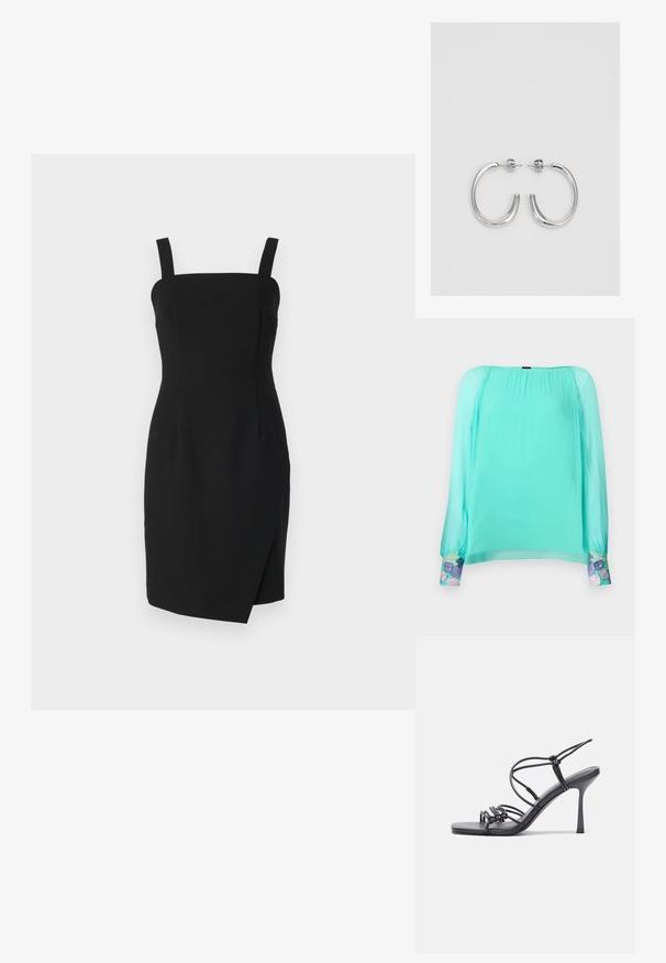 Miętowa bluzka z długimi, bufiastymi rękawami. Posiada haftowane kwiatowe akcenty przy mankietach. Wykonana z lekkiej, transparentnej tkaniny.; Czarna dopasowana sukienka z kwadratowym dekoltem, regulowanymi ramiączkami i detalem kopertowym z przodu, wykonana z gładkiego materiału.; Czarne sandały na wysokim obcasie mają cienkie paski z węzłowym wzorem, gładki, kwadratowy czubek i smukły obcas w stylu szpilki.; Jasnoszara metaliczna torebka na łańcuszku, ozdobiona małymi okrągłymi metalowymi ćwiekami oraz trójkątnym logo marki.; Srebrne kolczyki na biglu o gładkim, błyszczącym wykończeniu. O zaokrąglonym kształcie, lekkim designie, z zamknięciem na zatrzask.