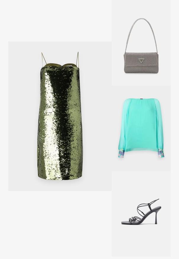 Miętowa bluzka z długimi, bufiastymi rękawami. Posiada haftowane kwiatowe akcenty przy mankietach. Wykonana z lekkiej, transparentnej tkaniny.; Zielona sukienka z cekinami o prostym kroju, cienkimi regulowanymi ramiączkami, z refleksyjną teksturą i smukłą sylwetką.; Czarne sandały na wysokim obcasie mają cienkie paski z węzłowym wzorem, gładki, kwadratowy czubek i smukły obcas w stylu szpilki.; Jasnoszara metaliczna torebka na łańcuszku, ozdobiona małymi okrągłymi metalowymi ćwiekami oraz trójkątnym logo marki.