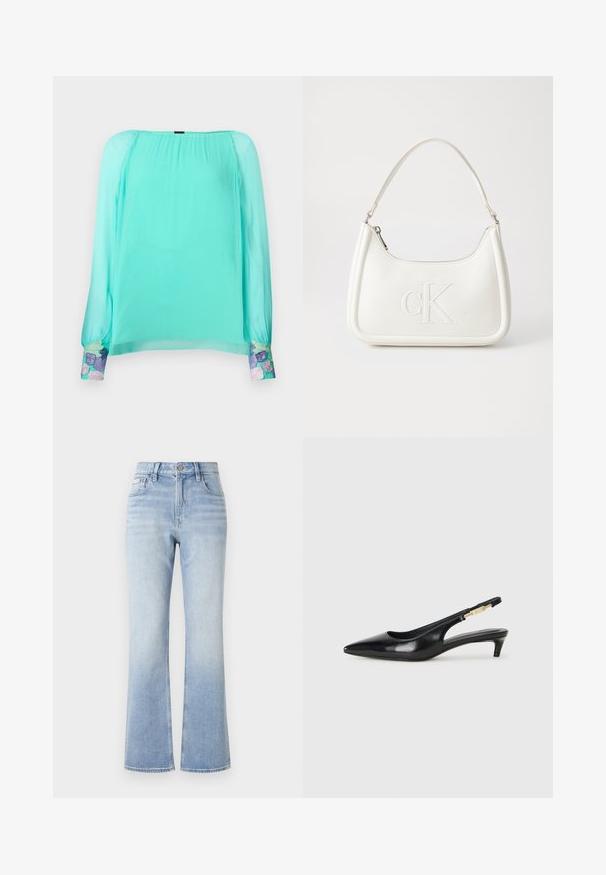 Blusa verde menta con maniche lunghe e puff. Presenta dettagli floreali ricamati ai polsini. Realizzata in tessuto leggero e trasparente.; Jeans in denim azzurro chiaro a gamba larga con vita alta, cuciture a contrasto, tasche frontali e un leggero effetto sbiadito verso l'orlo.; Tacchi slingback in pelle nera con punta affusolata, caratterizzati da un tacco alto e un accento dorato sulla cinghia regolabile. Texture liscia.; Borsa a tracolla in pelle bianca con forma curva, dotata di un logo "CK" impresso sul davanti e una singola tracolla. Chiusura a zip nella parte superiore.