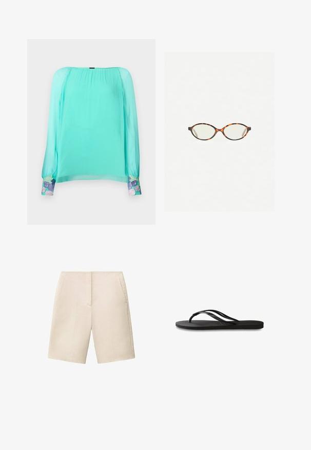 Bluză verde mentă cu mâneci lungi și puffate. Dispune de accente florale brodate la mansete. Fabricată dintr-un material ușor și subțire.; Pantaloni scurți crem din in, cu față plată, două buzunare laterale și o lungime până la genunchi, având o textură netedă și un design ajustat.; Încălțăminte tip flip-flop neagră cu o talpă din cauciuc texturat, două bretele subțiri și un detaliu discret, embosat cu logo pe bretea.; Ochelari cu ramă din tartan, cu lentile ovale și un finisaj elegant, neted. Prezintă margini subțiri cu o curbură subtilă la tâmple. Lentile clare.