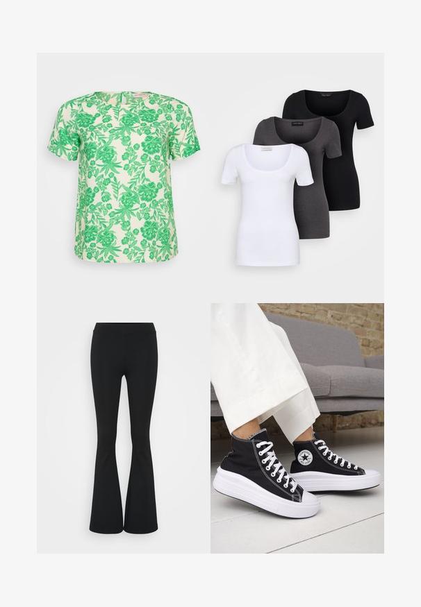 Kratkām piedurknēm augšdaļa no gaiši krēma auduma ar dzīvīgu zaļu ziedu un lapu rakstu, ar apaļu kakla izgriezumu un brīvāku piegriezumu.; Trīs pieguļoši T-krekli baltā, pelēkā un melnā krāsā. Katram ir plaša izgriezuma kakla un īsas piedurknes. Izgatavoti no gluda, elastīga auduma.; Melnas izplešanās bikses, izgatavotas no elastīga auduma, ar augstu vidukli un gludu tekstūru. Bikses izvēršas no ceļa.; Melnas augstās topa kedas ar baltām gumijas zolēm un auklām. Tās ir ar apaļu logotipa uzšuvumu un kontrastējošām baltām šuvēm. Materiāls no kanvas.