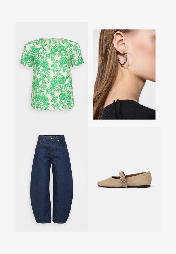 Koszulka z krótkim rękawem w jasnym kremowym kolorze z żywym zielonym wzorem kwiatowym i liściastym, z okrągłym dekoltem i luźnym krojem.; Ciemnoniebieskie dżinsy o szerokim, luźnym kroju. Posiadają zamek błyskawiczny, cztery kieszenie oraz kontrastowe przeszycia wzdłuż szwów.; Beżowe zamszowe baleriny typu Mary Jane z ostrym noskiem i jedną regulowaną paskiem z srebrną klamrą. Czarna płaska podeszwa.; Srebrny kolczyk w kształcie koła z polerowanym wykończeniem, z małymi złotymi akcentami, noszony na płatku ucha.