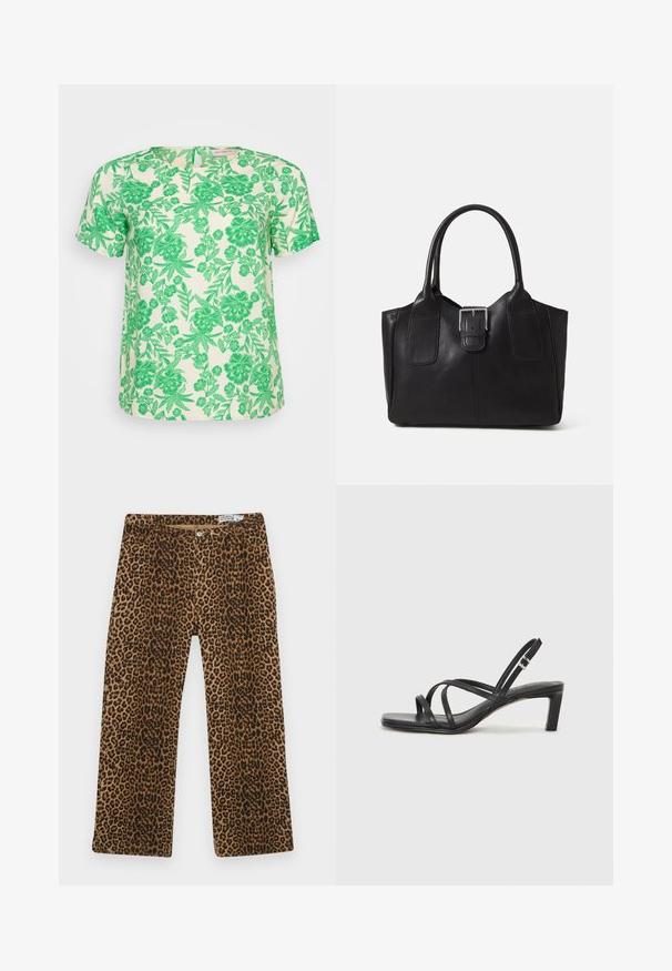 Rövid ujjú, világos krémszínű felső, élénk zöld virág- és levélmintával, kerek nyakkivágással és laza szabással.; Leopárdmintás nadrág barna és fekete mintával, egyenes szárú kialakítással és klasszikus öt zsebes stílussal. Pamut keverékből készült.; Fekete pántos szandál négyzetes orral és alacsony blokk sarkal. Több vékony pánttal és állítható boka pánttal rendelkezik. Sima bőrből készült.; Fekete bőr bevásárlótáska sima textúrával, strukturált formával, két fogantyúval és egy figyelemfelkeltő ezüst csattal az elején.