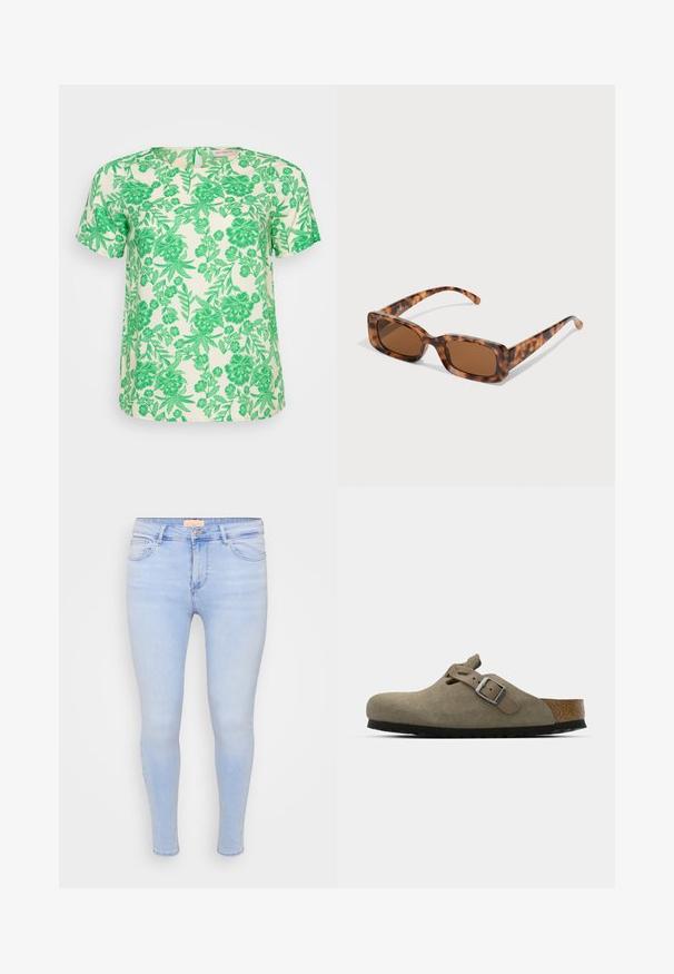 Tričko s krátkym rukávom z svetle krémovej látky s živým zeleným kvetinovým a listovým vzorom, s okrúhlym výstrihom a voľným strihom.; Svetlomodré úzke džínsy vyrobené z denimu. Majú predné vrecká a zapínanie na zips s gombíkom. Hladká textúra a zúžený strih.; Semšové dreváky v svetlej olivovej farbe s tvarovanou korkovo-gumenou podrážkou. Obsahujú bočný remienok s kovovou prackou a zaoblenú špičku.; Rámik slnečných okuliarov z korytnačiny s obdĺžnikovými hnedými sklami, hrubým rámom a štíhlymi stranicami so vzorom rôznych odtieňov hnedej.; Strieborné kruhové náušnice s hladkým, lesklým povrchom. Kolový tvar a bezpečné klikanie na uzatváranie. Ľahký dizajn vhodný na každodenné nosenie.