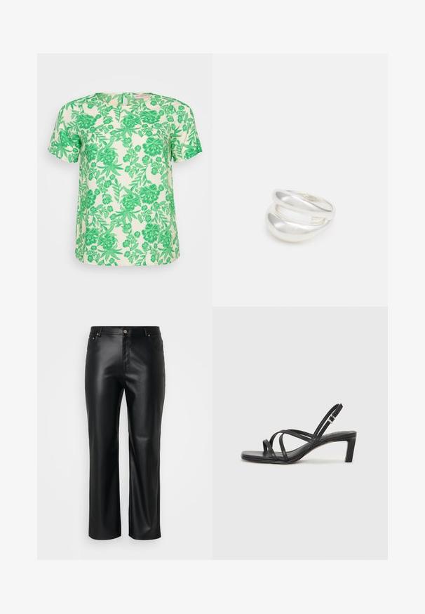 Kratki rukavi gornji dio od svijetlog kremastog materijala s vibrantnim zelenim cvjetnim i lisnatim uzorkom, s okruglim izrezom i opuštenim krojem.; Crne hlače od umjetne kože ravnog kroja, s petljama za pojas, prednjim džepovima i zatvaranjem na zip s gumbom. Glatka tekstura.; Crne sandale s trakama, kvadratnim prstom i niskom blok petom. Ima više tankih trakica i podesivu trakicu oko gležnja. Izrađene su od glatke kože.; Srebrna dvostruka prsten s glatkom, poliranom površinom. Karakterizira ga fluidan, zakrivljen dizajn s preklapajućim sekcijama za moderan izgled.
