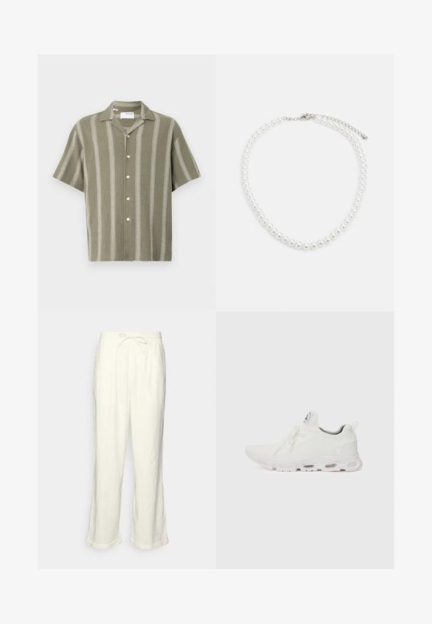 Κοντομάνικο, ελαιόχρονο πουκάμισο με κάθετες λευκές ρίγες και κουμπιά μπροστά. Φτιαγμένο από υφασμάτινη ύλη, με γιακά.; Λινές παντελόνες σε εκτός λευκού χρώματος με ρυθμιζόμενη μέση, ελαφρώς φαρδιές γραμμές και γυρισμένα μπατζάκια για μια χαλαρή εφαρμογή. Χωρίς τσέπες.; Λευκά αθλητικά παπούτσια με υφασμάτινη επάνω επιφάνεια με υφή, επίπεδα κορδόνια και μαλακή σόλα με ορατά αεροθαλάμους για επιπλέον υποστήριξη.; Λευκή μαργαρίτα περιδέραιο με ομοιόμορφο στρογγυλό σχήμα, λεία επιφάνεια και μεταλλικό κούμπωμα με αλυσίδα επέκτασης για ρυθμιζόμενο μήκος.