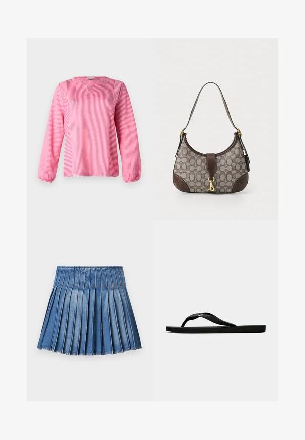 Rožinė dryžuota ilgomis rankovėmis bluzė su V formos kaklu, su surinktomis rankogaliais ir laisvu siluetu, pagaminta iš lygaus audinio.; Džinsinis klostuotas sijonas su prigludusia liemens juosta, turintis vertikalius klosčius vidutinio mėlynumo spalvos ir kontrastingą siuvimo detalę.; Juodas gumos šlepetės tipo sandalai su tekstūruota dirželiu ir paprastu plokščiu padu, rodomi iš šono ant vientiso šviesaus fono.; COACH HAMPTONS HOBO BAG IN SIGNATURE JACQUARD - Rankinė - oak maple