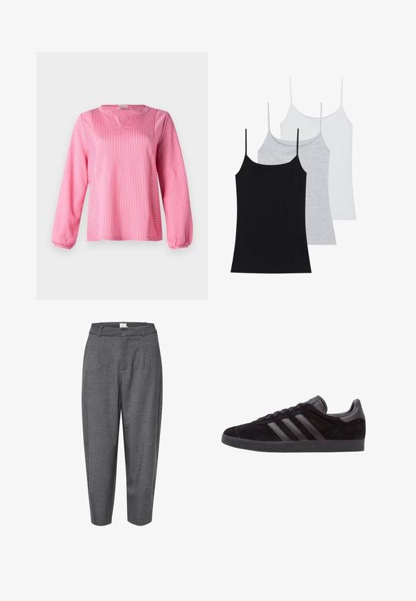 Roze gestreepte blouse met lange mouwen en V-hals, voorzien van geplooide manchetten en een losse pasvorm, gemaakt van een gladde stof.; Drie mouwloze cami's: één zwart, één grijs en één wit. Gemaakt van zachte, rekbare stof met verstelbare spaghettibandjes.; Grijze, taps toelopende broek gemaakt van textuurstof; heeft plooien en een gladde tailleband met een verborgen sluiting.; Zwarte suède sneakers met een gestructureerde rubberen zool, voorzien van drie zwarte leren strepen, een ronde neus en een gewatteerde enkelsok.