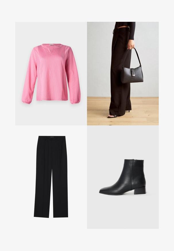Roza prugasta bluzica dugih rukava s V-izrezom, koja ima naberene manžete i slobodan kroj, napravljena od glatkog materijala.; Crne hlače ravnog kroja, s dva prednja džepa i pojasom. Izrađene od glatkog, laganog materijala.; Crne kožne gležnjače s izoštrenim vrhom i niskom blok petom, s glatkom teksturom i minimalističkim dizajnom.; Crna torba s oblikom koji sadrži strukturu, glađu teksturu i metalnu kopču. Uparena s širokim crnim hlačama i sandalama na otvorenom s drvenog poda.