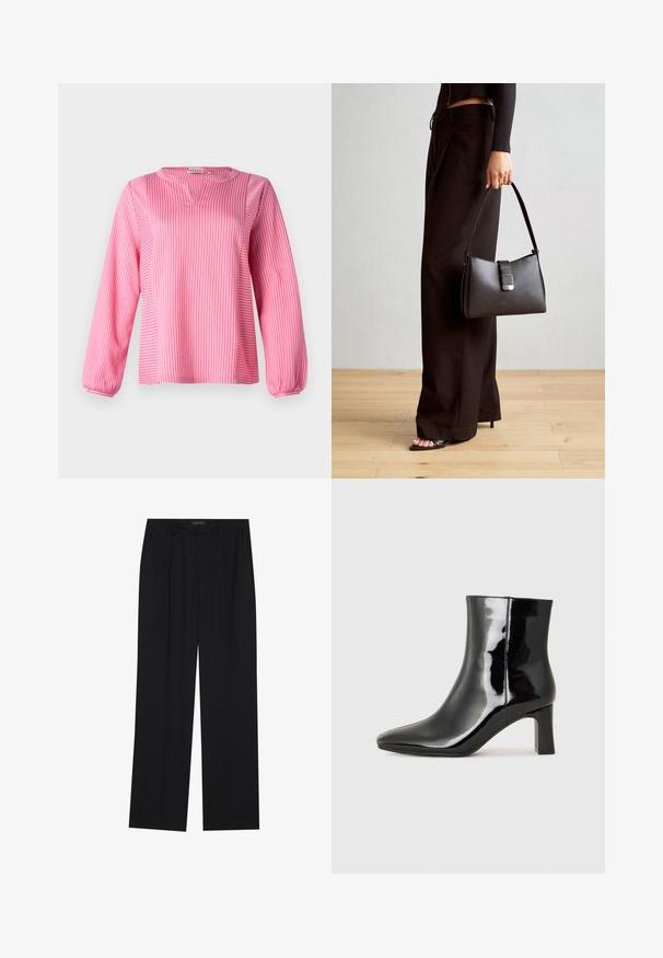 Roosa triibuline pikakätiste pluus V-kaelusega, millel on kogutud mansetid ja loose fitting, valmistatud silmapaistevast kangast.; Mustad püksid sirgjoonelise disainiga, millel on kaks esist taskut ja muudatus. Valmistatud siledast, kergekaalulisest kangast.; Must-sinine nahkjalats musta läikiva viimistlusega, millel on terav nina ja keskmise kõrgusega plokk konts. Sile tekstuur ja minimalistik disain.; Must musta kott, millel on struktureeritud kuju, sile tekstuur ja metallist klamber. Kombineeritud laiate mustade pükstega ja avatud varvaste sandaalidega puidust põrandal.