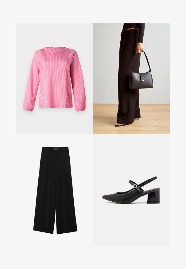 Pink striped long-sleeve blouse with a V-neck, featuring gathered cuffs and a loose fit, made from a smooth fabric.; Black wide-leg pants featuring a textured fabric, an elastic waistband, and a detachable sash tie at the waist for adjustable fit.; Black patent leather slingback heels with a pointed toe, a rounded cutout design, and a block heel. Features a gold-tone buckle accent.; Black handbag with structured shape, smooth texture, and a metallic clasp. Paired with wide black pants and open-toe sandals on wooden floor.