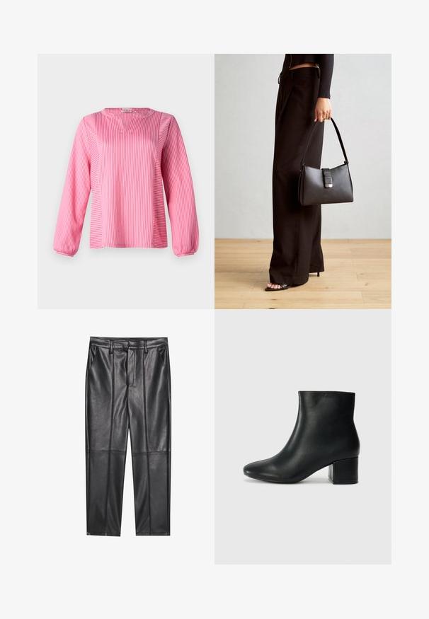 Lyserød stribet bluse med lange ærmer og V-hals, der har rynkede manchetter og en løs pasform, lavet af et glat stof.; Sorte læderbukser med en glat overflade, der har lige pasform, to forlommer og synlige sømdetaljer.; Sorte læder ankelstøvler med spids tå og en kraftig hæl. Glat tekstur med minimale detaljer og et slankt, tætsiddende design.; Sort håndtaske med struktureret form, glat overflade og metalspænde. Sammen med brede sorte bukser og sandaler med åben tå på trægulv.