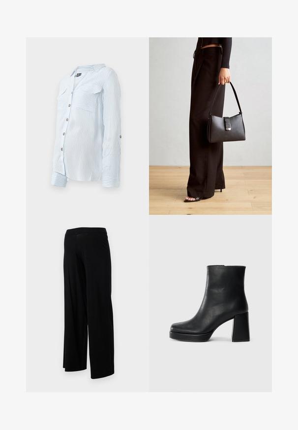 Light blue striped button-up shirt with long sleeves, two chest pockets, and roll-up sleeves secured by buttons. Soft, lightweight fabric.; Black wide-leg pants with an elastic waistband and a smooth, stretchy texture. Features a simple design, no patterns or embellishments.; Black leather ankle boot with a block heel and platform sole, viewed from the side on a plain white background.; Black handbag with structured shape, smooth texture, and a metallic clasp. Paired with wide black pants and open-toe sandals on wooden floor.