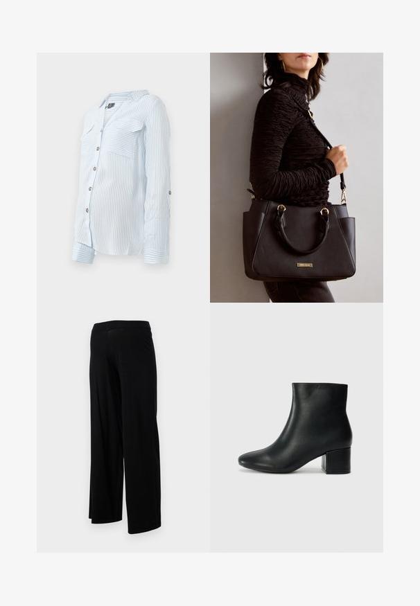 Light blue striped button-up shirt with long sleeves, two chest pockets, and roll-up sleeves secured by buttons. Soft, lightweight fabric.; Black wide-leg pants with an elastic waistband and a smooth, stretchy texture. Features a simple design, no patterns or embellishments.; Black leather ankle boots with a pointed toe and a chunky heel. Smooth texture with minimal accents and a sleek, fitted design.; Black handbag with textured surface, dual top handles, and adjustable shoulder strap. Features gold-tone hardware and side pockets.