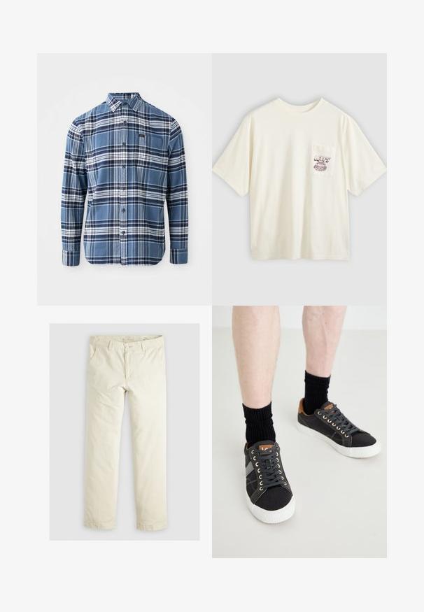 Mėlynos ir baltos langelinės ilgos rankovės marškiniai iš medvilnės; su sagų apykakle; turi mažą logotipo aplikaciją ant krūtinės kišenės.; Kremiškai balti medvilniniai marškinėliai trumpomis rankovėmis, su kairės krūtinės kišene ir bordo spalvos grafiniu tekstu bei dizainu. Laisvo kirpimo, su apvalia apykakle.; Šviesiai smėlinės spalvos laisvi kelnės su trimis kišenėmis, diržo kilpos ir tiesiomis kojomis. Pagamintos iš minkštos medvilnės mišinio audinio.; Pilki kanvas sportbačiai su baltais guminiais padu, juodais raišteliais ir rudomis odinėmis detalėmis ant kulno, derinami su juodomis raižytomis kojinėmis.