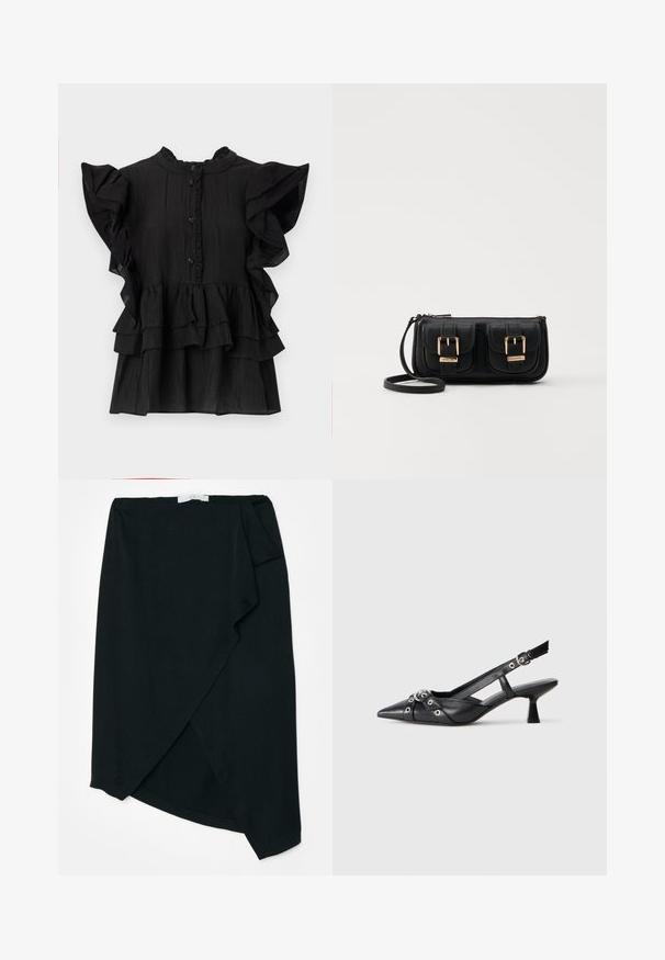 Črna bluzica s kratkimi rokavi, okrašena z nabranimi detajli, vertikalno teksturo in zapiranjem na gumb. Ima visok ovratnik in plastnate naborke na robu.; Črna oblačila s prožno teksturo iz lahkega blaga. Asimetrična dolžina in podrobnosti s pregibom na strani. Brez vidnih kovinskih delov ali dodatkov.; Črne usnjene sandale središnje zaponke z ostro konico, okrasnimi trakovi z kovinskimi očesi in nizko blokasto peto. Teksturirana površina.; Črna usnjena torbica čez ramo z dvema sprednjima žepoma, zlatimi zaponkami, zadrgo in ozkim pasom. Tekstura površine je strukturirana, obliko pa ima kompaktno pravokotno.