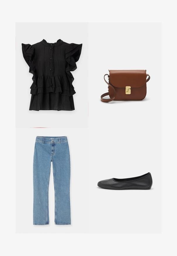 Zwarte blouse met korte mouwen, versierd met ruches, verticale textuur en een knoopsluiting. Heeft een hoge halslijn en gelaagde randen aan de onderkant.; Witte korte mouwen t-shirt van ribstof. Ronde halslijn, normale pasvorm en subtiele stiksels. Geen patronen of grafische elementen.; Lichtblauwe recht gesneden denim jeans met knoop- en ritssluiting, riemlussen en standaard stiksel op een witte achtergrond.; Zwarte leren ballerina met een ronde neus, gladde textuur, minimale stikdetails en een flexibele zoolontwerp.; Bruine leren handtas met een klep sluiting, gouden hardware, een schouderband en een gladde textuur. Compact rechthoekige vorm.