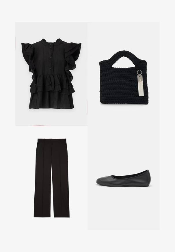 Schwarze Bluse mit kurzen Ärmeln, mit Rüschendetails, vertikaler Textur und einer Knopfleiste. Sie hat einen hohen Ausschnitt und gestufte Rüschen am Saum.; Schwarze, maßgeschneiderte Hosen aus einem glatten Stoff, mit geradem Bein und zwei Seitentaschen. Elegante und minimalistische Konstruktion.; Schwarze Leder-Ballettschuhe mit abgerundeter Spitze, glatter Textur, minimalen Nähdetails und einem flexiblen Sohlen-Design.; Won Hundred MARSIELLE COMPUTER BAG UNISEX - Notebooktasche - black