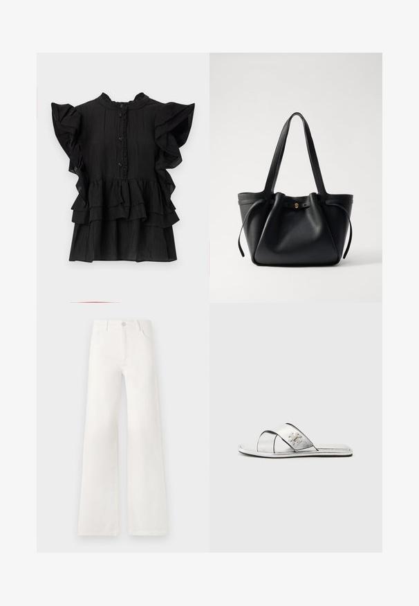 Fekete, rövid ujjú blúz fodros díszítéssel, függőleges textúrával és gombos záródással. Magas nyakkivágással és rétegelt fodrokkal rendelkezik az alján.; Fehér, magas derekú, bő szabású farmernadrág. Gombos záródással, két elülső zsebbel és oldalsó varrásokkal rendelkezik, amelyek varrási részleteket tartalmaznak.; Ezüst szandálok nyitott orral, fényes felülettel, keresztpántos kialakítással és dombornyomott logóval az oldalon.; Fekete bőrtáska két hosszú pánttal, összehúzott tetejével és arany kör alakú díszítéssel. Sima felület, minimalista design.