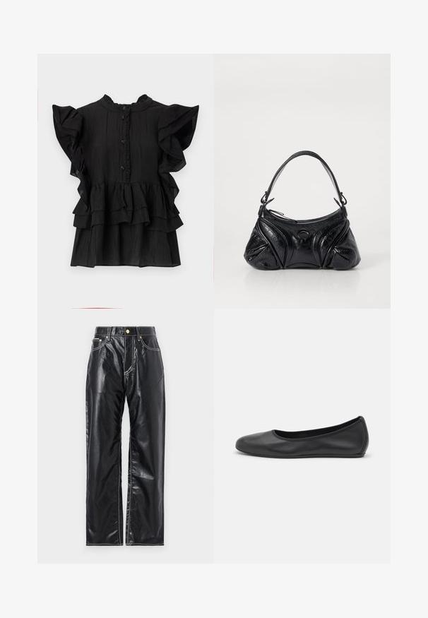 Juoda trumpomis rankovėmis palaidinė su voliotais akcentais, vertikaliu tekstūru ir sagų uždarymu. Pasižymi aukštu iškirpimu ir sluoksniuotomis voliotomis apdailomis. ; Juodos dirbtinės odos kelnės su plačiais klešniais, su baltu siuvinėjimu, priekinėmis kišenėmis ir auksine sagtimi ant liemens.; Juodai odiniai baletai su apvaliu pirštu, lygi texture, minimalus siuvimo detales ir lanksčiu padų dizainu.; Juodas rankinukas, pagamintas iš tekstūruotos odos, su suapvalinta forma. Jame yra plonas peties diržas ir dekoratyviniai įspausti raštai.