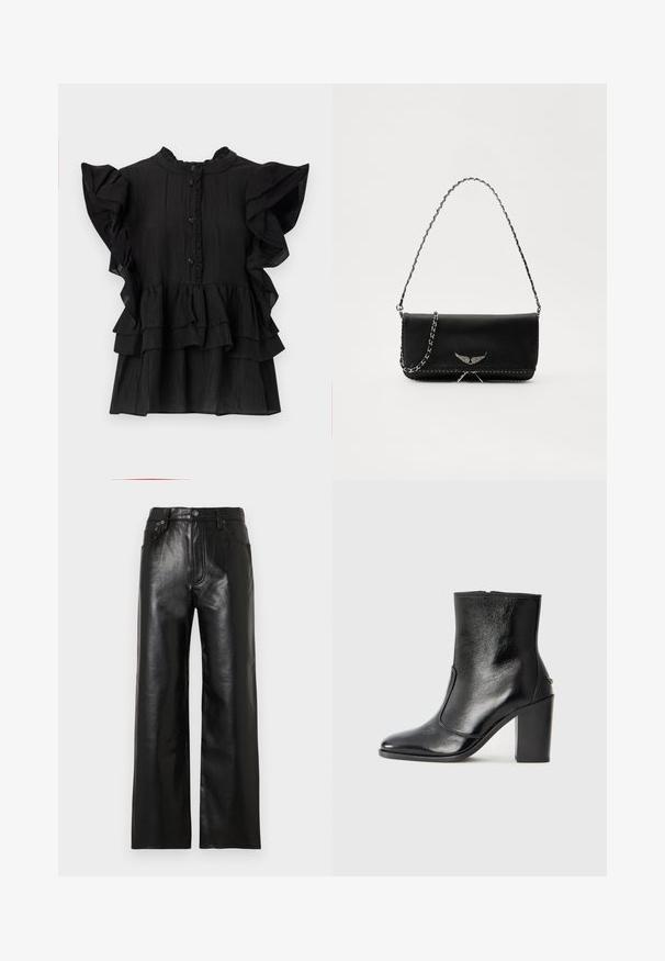 Blusa nera a maniche corte con accenti arricciati, texture verticale e chiusura con bottone. Presenta un collo alto e balze sovrapposte all'orlo.; Pantaloni a gamba larga in pelle nera con finitura lucida, dotati di tasche anteriori, chiusura con zip e bottone. Texture liscia su tutta la superficie.; Stivale alla caviglia in pelle nera, con una superficie liscia, punta affilata e tacco alto e massiccio. Presenta una apertura laterale e un design minimalista.; Borsa a mano in pelle nera con una tracolla in catena argento, caratterizzata da decorazioni a forma di ali e cuciture bianche lungo la cucitura inferiore.