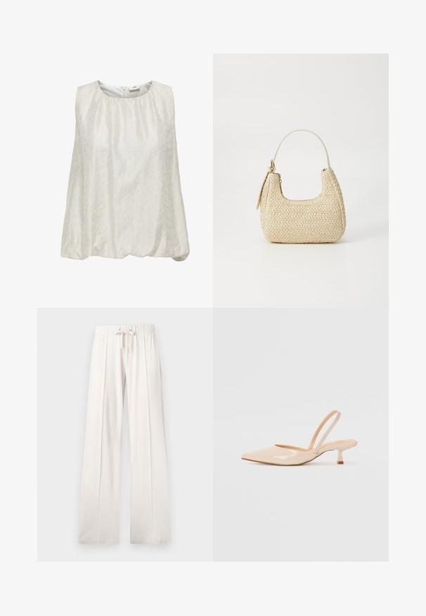Valkoinen hihaton toppi, jossa on hienovarainen tekstuurikuvio. Topissa on pyöreä kaula-aukko ja kootut vyötärömuotoilut rentoa istuvuutta varten.; Vaaleanbeiget collegehousut, joissa on pehmeä kangas, nyörikuja vyötäröllä, leveät lahkeet ja pystysaumat, sekä sileä pinta.; Beige patenttanssisen nahasta valmistetut slingback-korkokengät, joissa on terävä kärki ja kapea, neliömäinen korko. Saumatonta pinta ja minimalistinen muotoilu ilman koristeita.; Kudottu olkilaukku vaaleanbeigessä, kaarevassa muodossa, lyhyellä hihnalla ja sivuvetoketjulla. Ominaisuuksiin kuuluu teksturoidumpaa pintaa ja minimalistinen muotoilu.