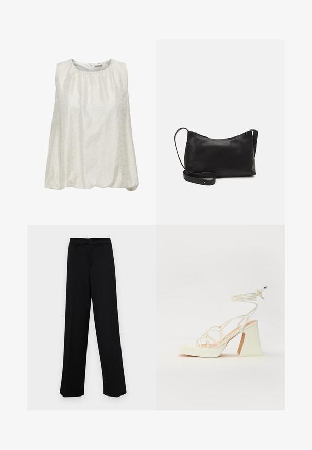 Bez piedurknēm, balts tops ar niansētu tekstūru, ar noapaļotu kaklu un savilktu jostasvietu, nodrošinot brīvu piegriezumu.; Melnas platajās bikses, kas izgatavotas no gludas auduma, ar klasisku jostu un pogu aizdari, kā arī priekšējām kroku detalizācijām.; Baltas augstpapēžu sandales ar masīvu papēdi, ar siksnu dizainu un potītes saistītiem elementiem. Gluda tekstūra ar platformu priekšpusē, lai nodrošinātu papildu augstumu.; Melna ādas plecu soma ar gludu tekstūru, izliekta forma, regulējama siksna un rāvējslēdzēja aizdare. Minimālistisks dizains bez rotājumiem.