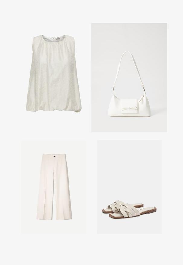 Débardeur blanc sans manches avec un motif texturé subtil, présentant un col rond et une taille froncée pour un ajustement décontracté.; Pantalons larges crème avec un design ajusté, comportant deux poches avant et une fermeture à un bouton sur le devant, fabriqués en tissu lisse.; Sandales à glissière beige clair avec des brides tissées, présentant une semelle plate et un design minimaliste. Texture lisse avec des accents de contraste de couleur subtils.; Sac à main synthétique blanc en forme triangulaire, avec un rabat avant plat et un détail en nœud, une bandoulière ajustable, une texture lisse et un design minimaliste.