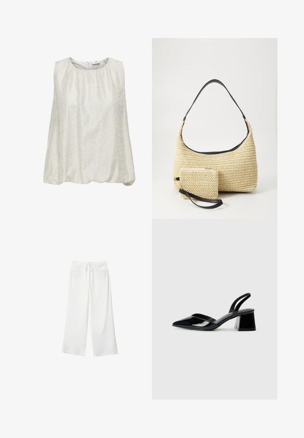 Bela brezrokavnik s subtilnim teksturiranim vzorcem, ki ima okrogel izrez in zbrano pasovo obleko za sproščen kroj.; Bela široka hlače iz mehkega materiala, z vrvico v pasu in dvema sprednjima žepoma. Gladek texture in brez vidnih vzorcev.; Črne lakirane slingback pete s koničastim nosom in geometrijsko blokasto peto. Imajo eleganten, minimalističen dizajn in gladko teksturo.; Tkana torbica iz slame s zakrivljenim siluetom, ki vključuje gladek črn usnjen trak in usklajen majhen žep, pritrjen z ročajem za zapestje.